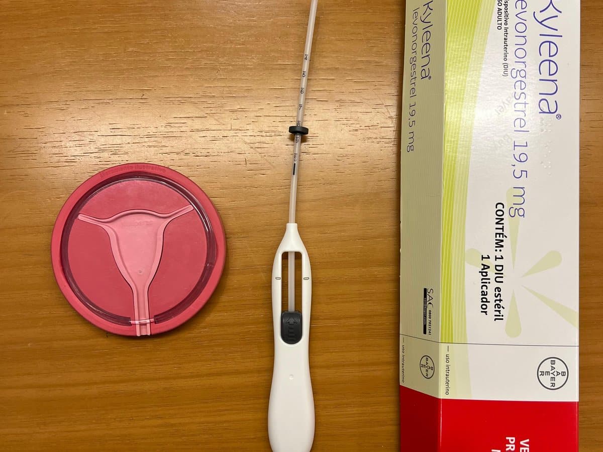 Caixa de DIU hormonal ao lado de um modelo anatômico do útero